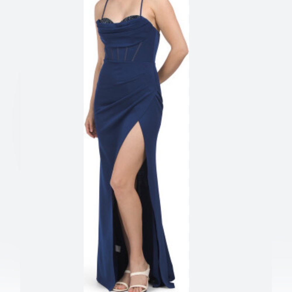 Dahlia macphee draped bodice gown w sequin size medium navy blue